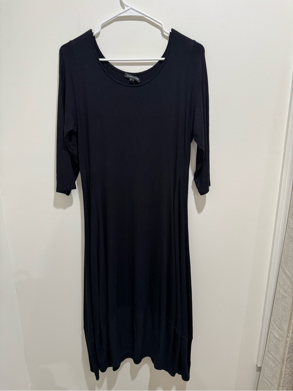 Eileen Fisher Black Rayon Lycra Lantern Midi Dress Bubble Hem Size Medium